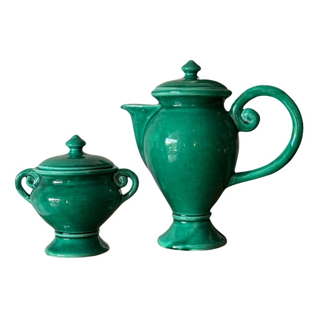 Green Glazed Ceramic Teapot and Sugar Bowl from Vallauris, France, 1950s-1960s, Set of 2 For Sale