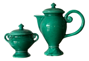 Green Glazed Ceramic Teapot and Sugar Bowl from Vallauris, France, 1950s-1960s, Set of 2