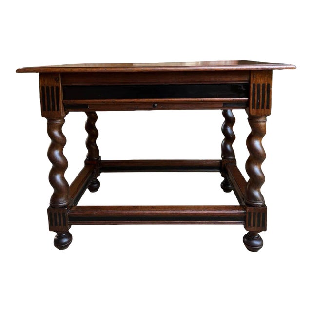 Antique English Sofa Side Table Barley Twist Ebonized Library Desk Carved Oak For Sale