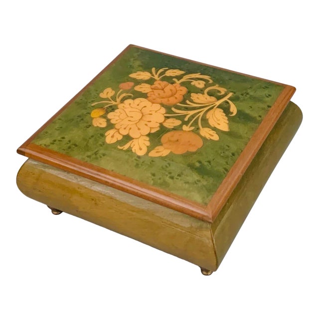 Vintage Italian Burl Elm Marquetry Footed Jewelry Music Box “ Playing Memory “ With Reuge Swiss Movement For Sale