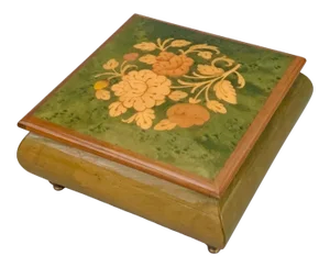 Vintage Italian Burl Elm Marquetry Footed Jewelry Music Box “ Playing Memory “ With Reuge Swiss Movement