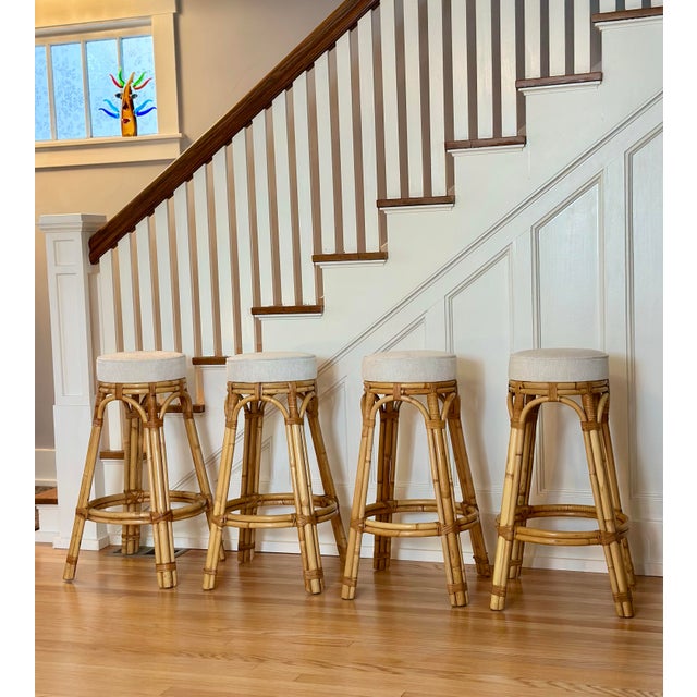 Traditional 1970s Calif-Asia Natural Honey Rattan Round Barstools - Set of 4 For Sale - Image 3 of 10