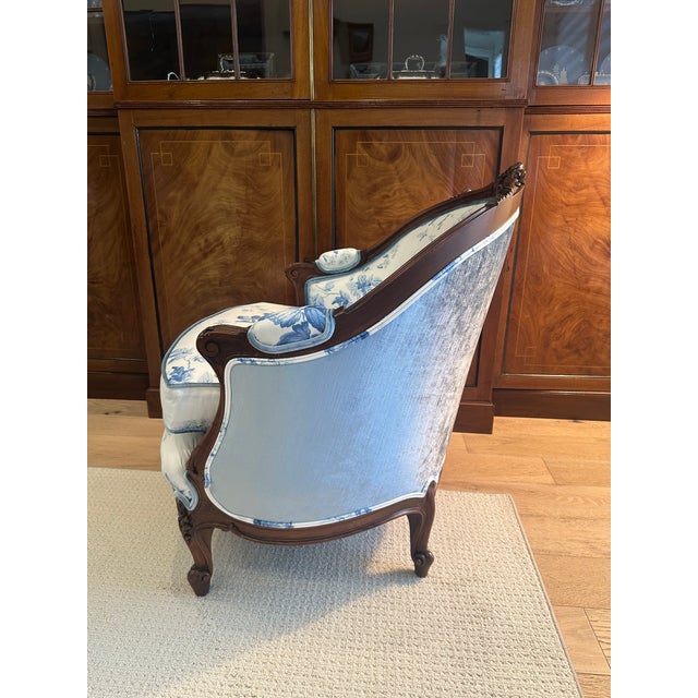 French Country Antique French Bergere Chair - Designer Upholstery (Lee Jofa Glazed Chintz & Italian Velvet) For Sale - Image 3 of 9