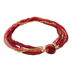 Vintage Japanese Red Glass Beaded Multi-Strand Necklace With Gold Tone Chain