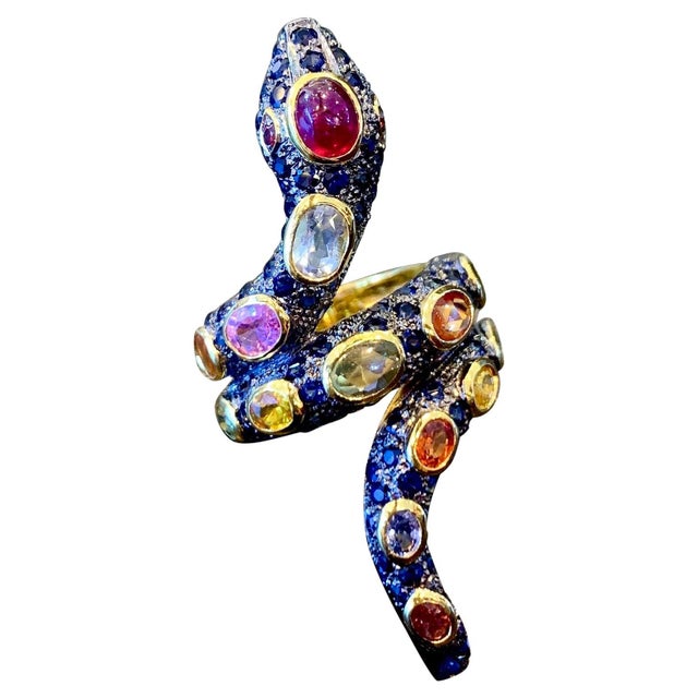 Bochic “Orient” Serpent Fancy Sapphire & Ruby Ring Set In 18K Gold & Silver, Size 9.5 For Sale