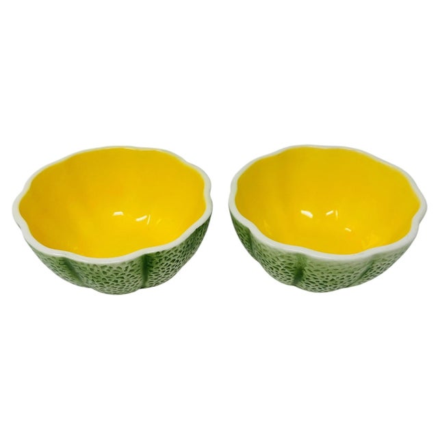 From our curated vintage collection, we are pleased to offer this striking pair of realistic ceramic cantaloupe bowls....
