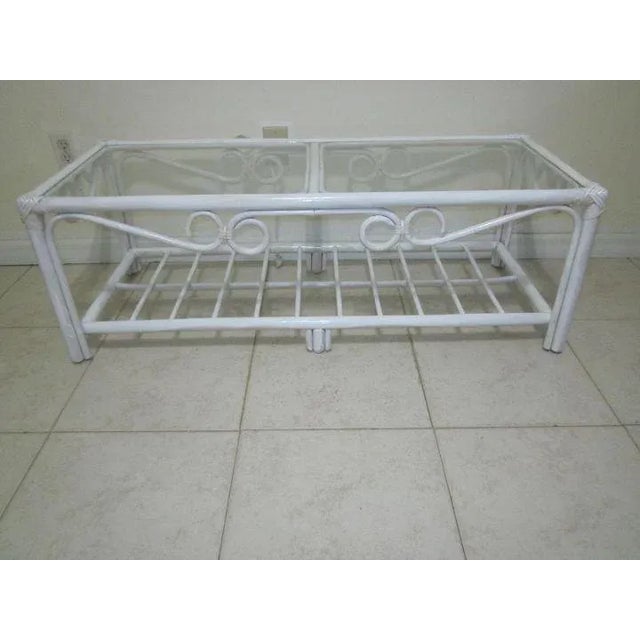 Coastal Bamboo Rattan White Coffee Table With Two End Table Glass Top Set of 3 For Sale - Image 12 of 12