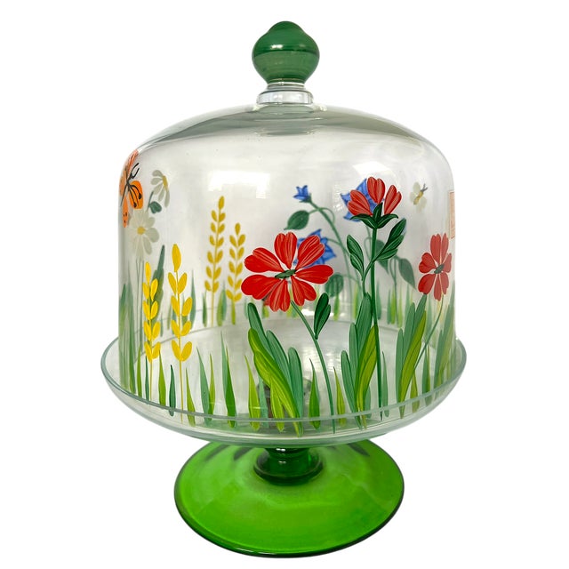 Shabby Chic Royal Danube Crystal Glass Cake or Dessert Stand With Cloche Lid Decorated With Flowers and Butterflies in Romanian Floral Meadow For Sale - Image 3 of 6