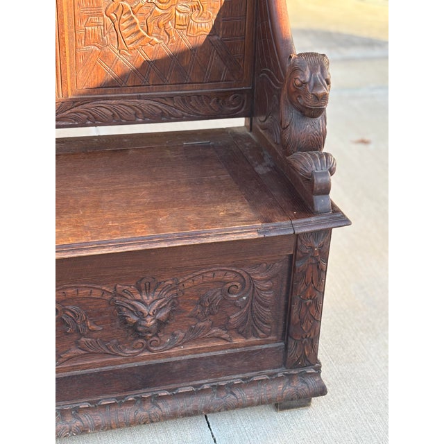 Mid 19th Century Victorian Oak Monk's Bench or Settle With Carved Lion Arms and a Hinged Seat For Sale - Image 9 of 9
