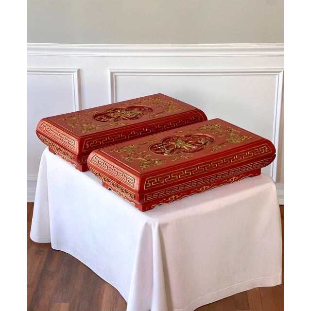 Chinese Set of Chinese Red Lacquered Wedding Presentation Boxes, Carved, Parcel Gilt, C. 1910 For Sale - Image 3 of 18