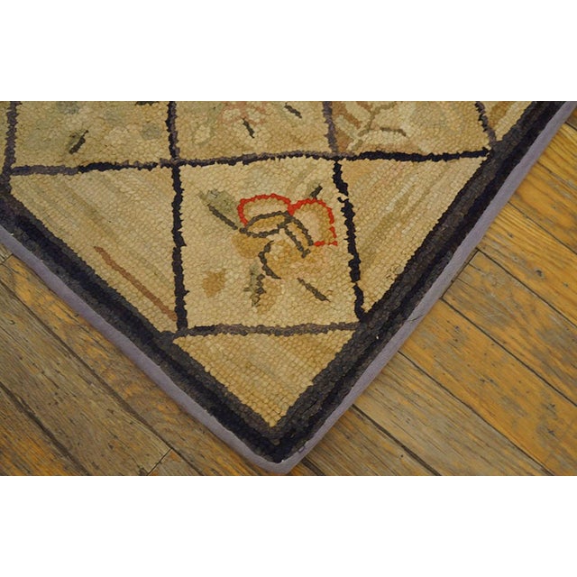 1930s Tan Camel Diamond Folk Art Antique American Hooked Rug3'0"x 5'0" Handknotted Wool Carpet For Sale - Image 9 of 11