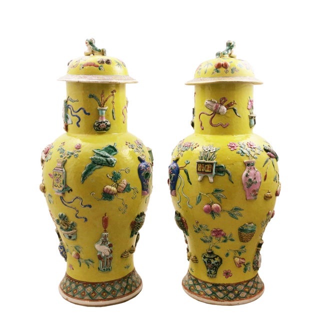 Chinese Large Imperial Yellow 100 Antiquities Baluster Vases With Lids
