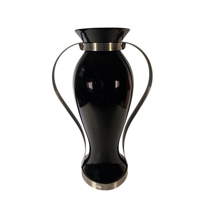 Italian Black Glass and Stainless Steel Vases - A Pair For Sale - Image 4 of 8
