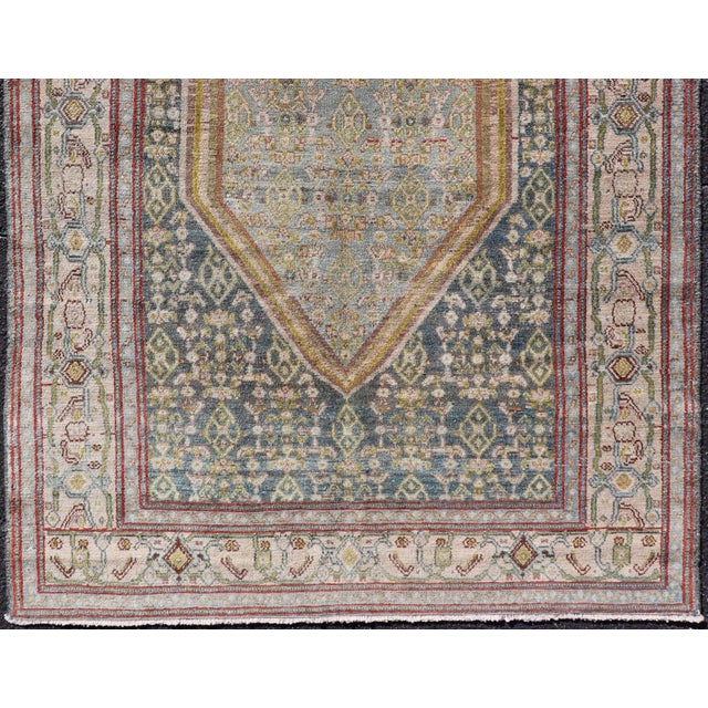Antique Persian Senneh Rug With Soft Blue Field and Geometric Medallion For Sale - Image 4 of 13