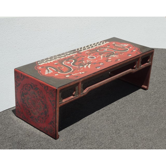 1970s Vintage Chinese Asian Red Dragon Motif Bench ~ Coffee Table For Sale - Image 5 of 15