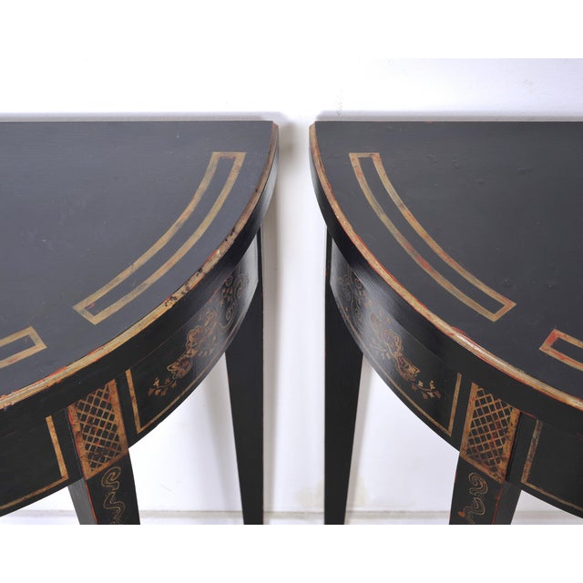 Pair of Regency Style Chinoiserie Decorated Demilune Consoles For Sale - Image 12 of 18