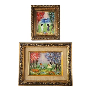 Pair of Mid-Century Enamel on Copper Figural Paintings in Gilt Frames, Circa 1960s For Sale