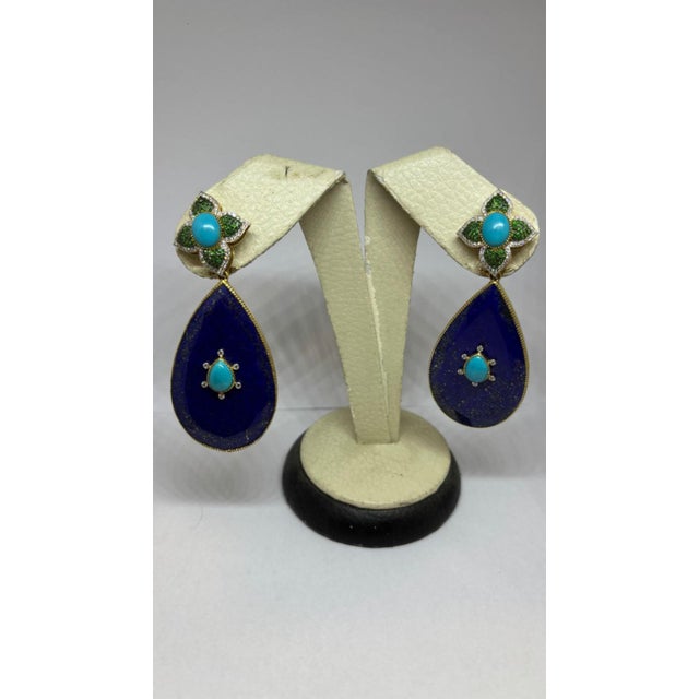 Natural Tsavorite, Lapis, Turquoise, & Diamond Earring in 14k Gold For Sale - Image 4 of 8