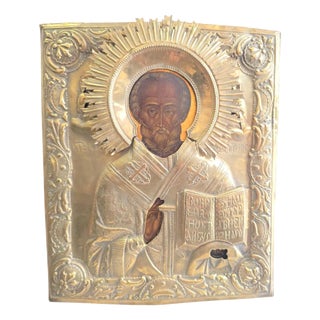 Russian Artist, Icon of Saint Nicholas with Silver-Plated Metal Oklad, 1880, Metal and Silver For Sale