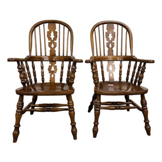 Vintage Barnard & Simonds Windsor Style Solid Wood Hoop Back Arm Chairs - Pair For Sale