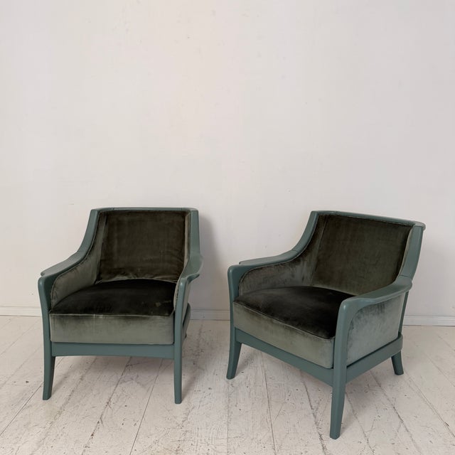 Mid-Century Modern French Lounge Chairs in Green Velvet and Lacquered Wood, 1950, Set of 2 For Sale - Image 17 of 17