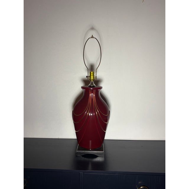 1980s Dark Berry Red Table Lamp With Brass Detailing For Sale - Image 4 of 5