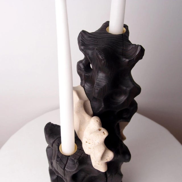 Black Brutalist Wood and Stone Candle Holder - Holey Tower Candle Holder | Melting Series by Gabor Gobi For Sale - Image 8 of 13