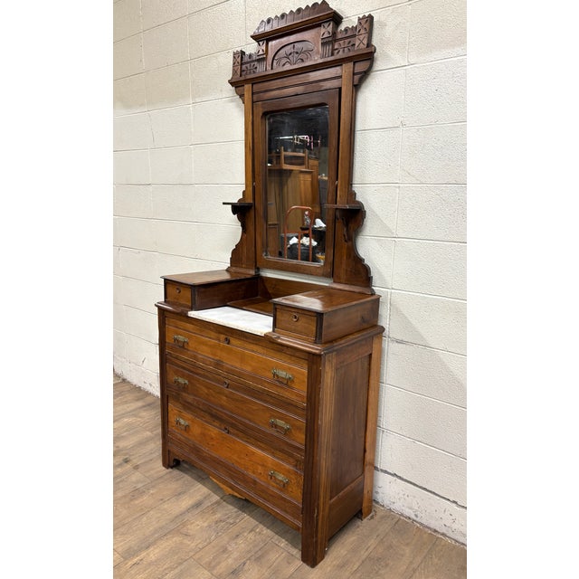Antique Victorian Eastlake Farmhouse Style Burled Dresser With Swivel Mirror For Sale - Image 4 of 15