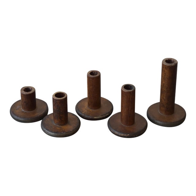 Vintage Folk Art Repurposed Textile Spool Candleholders, Set of Five, Circa 1950s For Sale