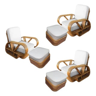 1940s Restored Rattan Five-Strand "Victory Speed" Arm Loungechair w/ Ottoman, Set of 3 For Sale