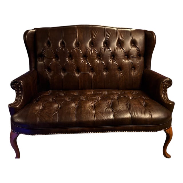 Vintage English Chesterfield Tufted Oxblood Leather Wingback Settee For Sale