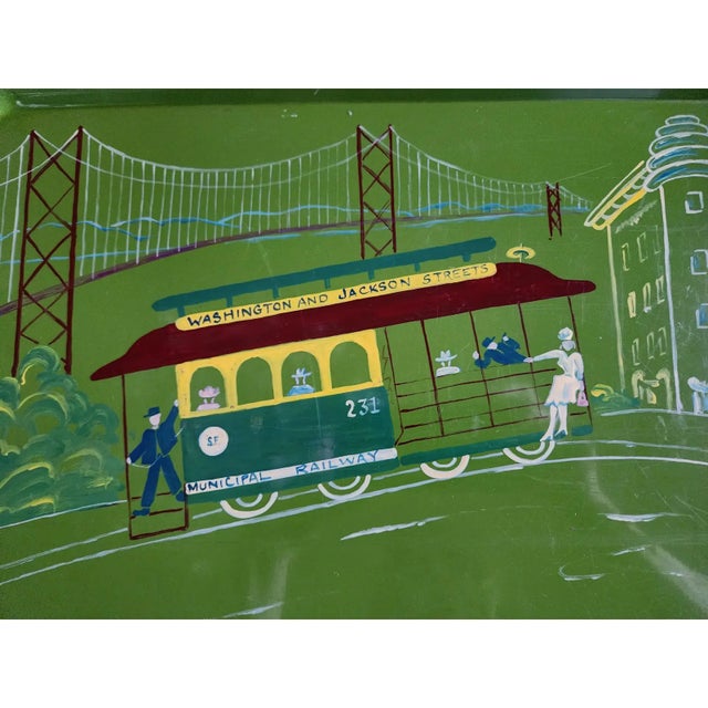 1950s Mid 20th Century Hand Painted Green Serving Tray San Francisco Cable Car Railway For Sale - Image 5 of 8