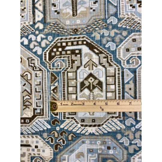 53" wide Thibaut Gleniffer paisley cotton upholstery drapery fabric in aqua blue, brown and beige. Price is per yard.