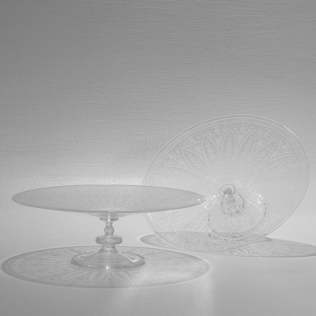 A fine pair of antique English etched and engraved glass tazzas or cake plates. Attributed to Stevens & Williams or Webb....