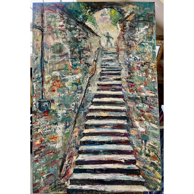 Army Green "The Stairway", Oil Painting, by Van Ness For Sale - Image 8 of 8