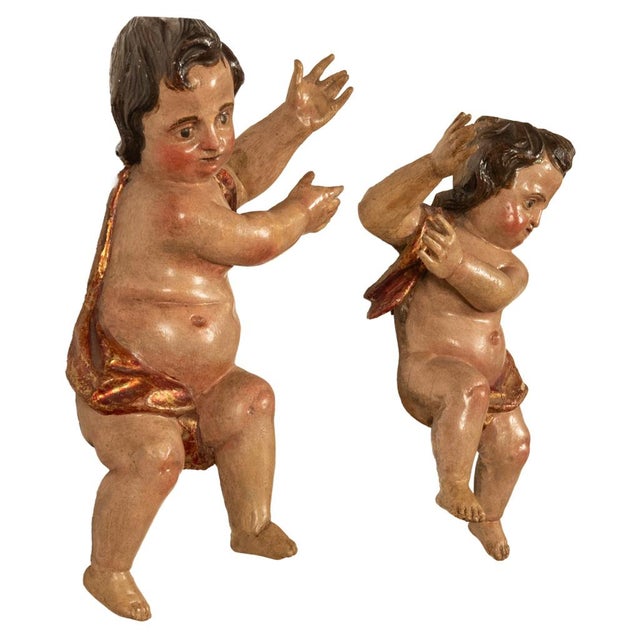 Pair Antique 18thC Italian Baroque Carved Polychrome Putti Angels Statues 1700 For Sale - Image 4 of 13