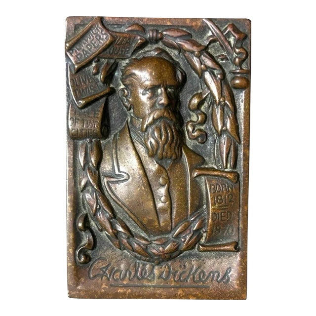 Circa 1919 English Arts & Crafts Bronze Charles Dickens Raised/Bas-Relief Miniature Portrait Plaque For Sale