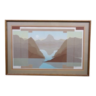 Southwestern Mountain Lake Horizon Sunset Landscape Serigraph 44" For Sale