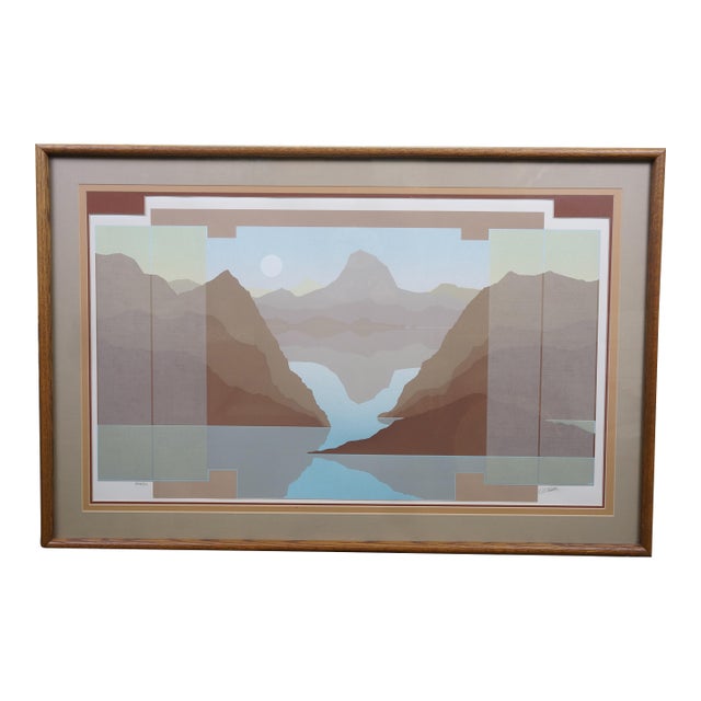 Southwestern Mountain Lake Horizon Sunset Landscape Serigraph 44" For Sale