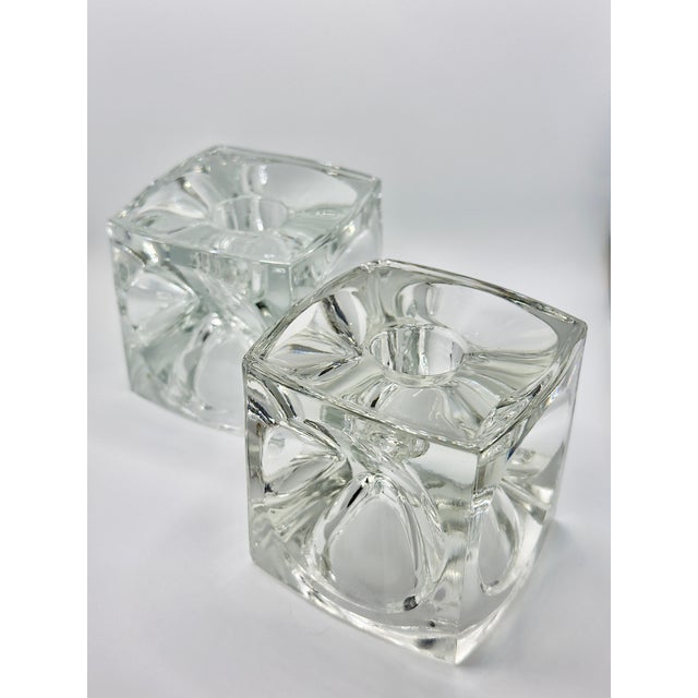 Mid-Century Modern Rudolf Jurnikl for Rosice Sklo Union Mid-Century Modern Clear Cube Glass Candle Holders - A Pair (Circa 1960s) For Sale - Image 3 of 5