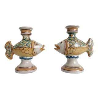 Italian Ceramic Fish Candle Holders by Giacomo Alessi - A Pair For Sale