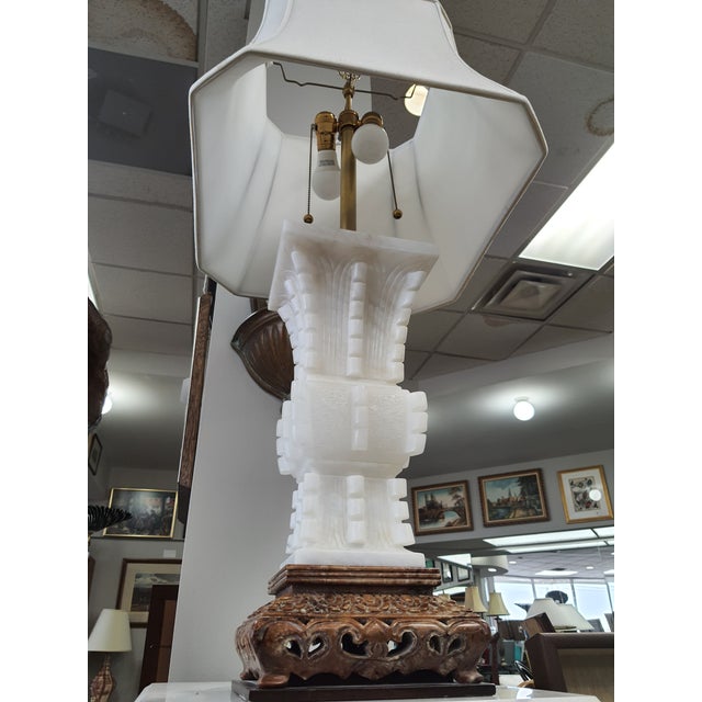 Handcarved Solid Alabaster White Lamp w/alabaster Brown Base, Rare and unique Marbro Lamp Co. Dimmable cord. 40" Tall 9"...
