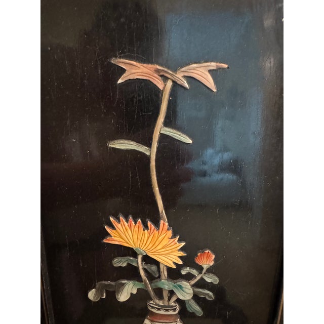 Gemstone Vintage Chinese Black Lacquer Wall Panels – Set of 3 (24" X 10")Featuring Hand-Carved Jade & Soapstone Inlay For Sale - Image 7 of 11