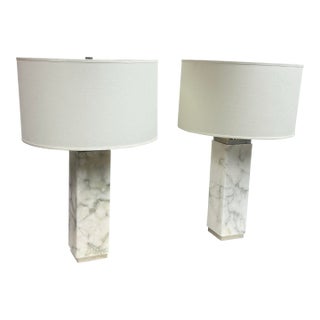Restoration Hardware Square Column Marble Table Lamps, Pair For Sale