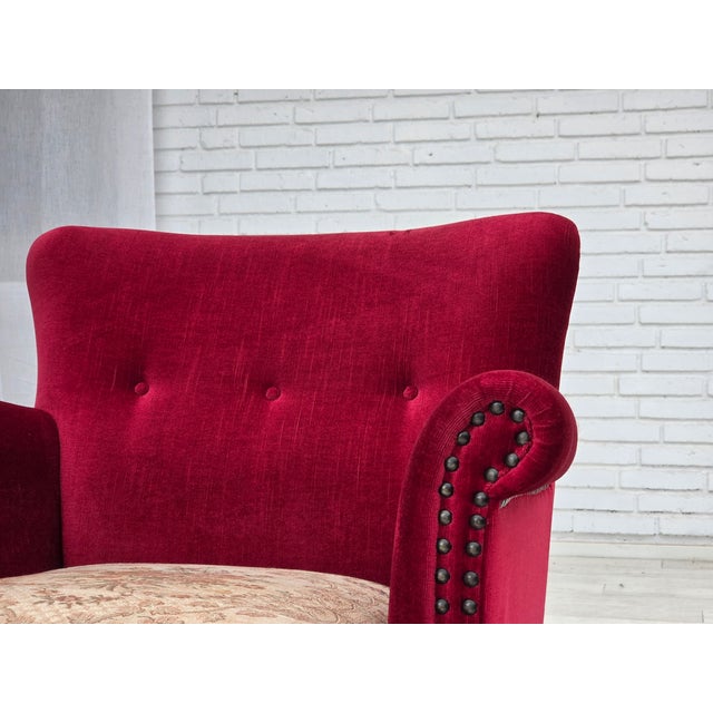 Danish Armchair in Red Velour and Ash, 1970s For Sale - Image 13 of 17