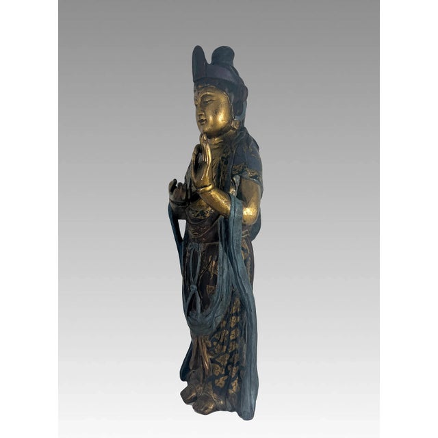 Antique Lacquer & Polychrome Carved Wood Figure of Guan Yin, Chinese Goddess of Compassion & Mercy Circa 1890 For Sale - Image 4 of 10