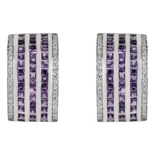 Amethyst Multi-Line Bar Earrings With Zircon Accents in 925 Silver, A Pair For Sale