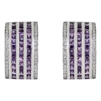 Amethyst Multi-Line Bar Earrings With Zircon Accents in 925 Silver, A Pair For Sale