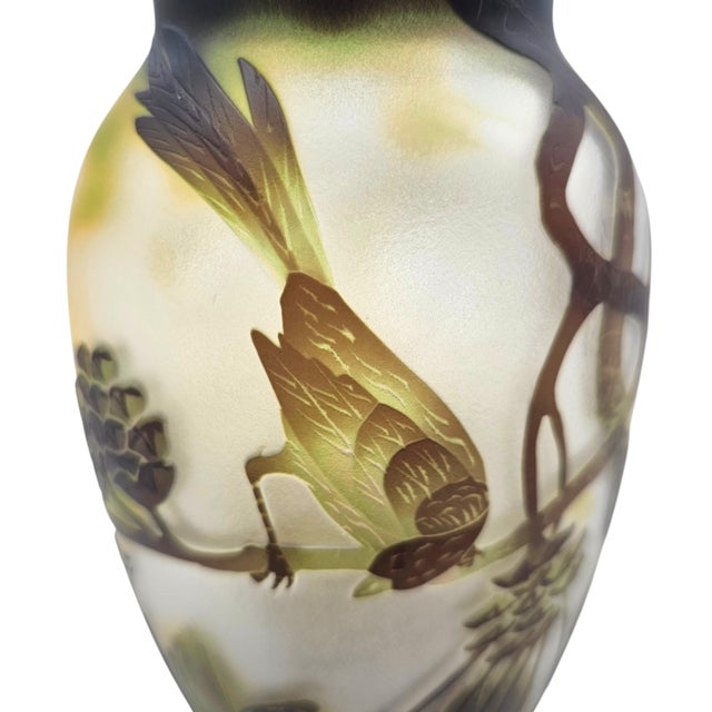 Chinese Peking Cameo Overlay Glass Vase With Bird and Pine Tree Motif, Frosted Art Glass For Sale - Image 13 of 13