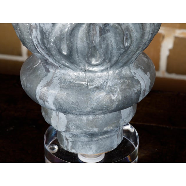 Gray Zinc Crowned Acorn 1920s Decorative Element Mounted on Circular Lucite Base For Sale - Image 8 of 12